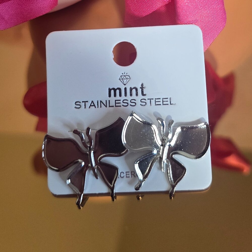 mint Gold Stainless Steel Butterfly Stud Earrings